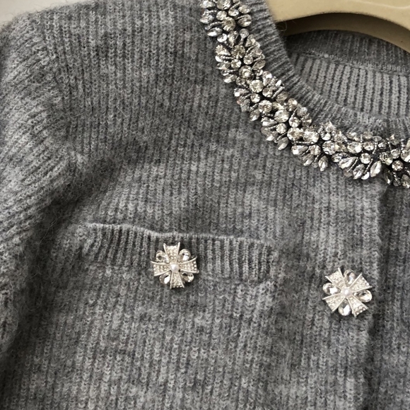 Self Portrait Grey Fluffy Crystal Trim Cardigan - Picture 7 of 13